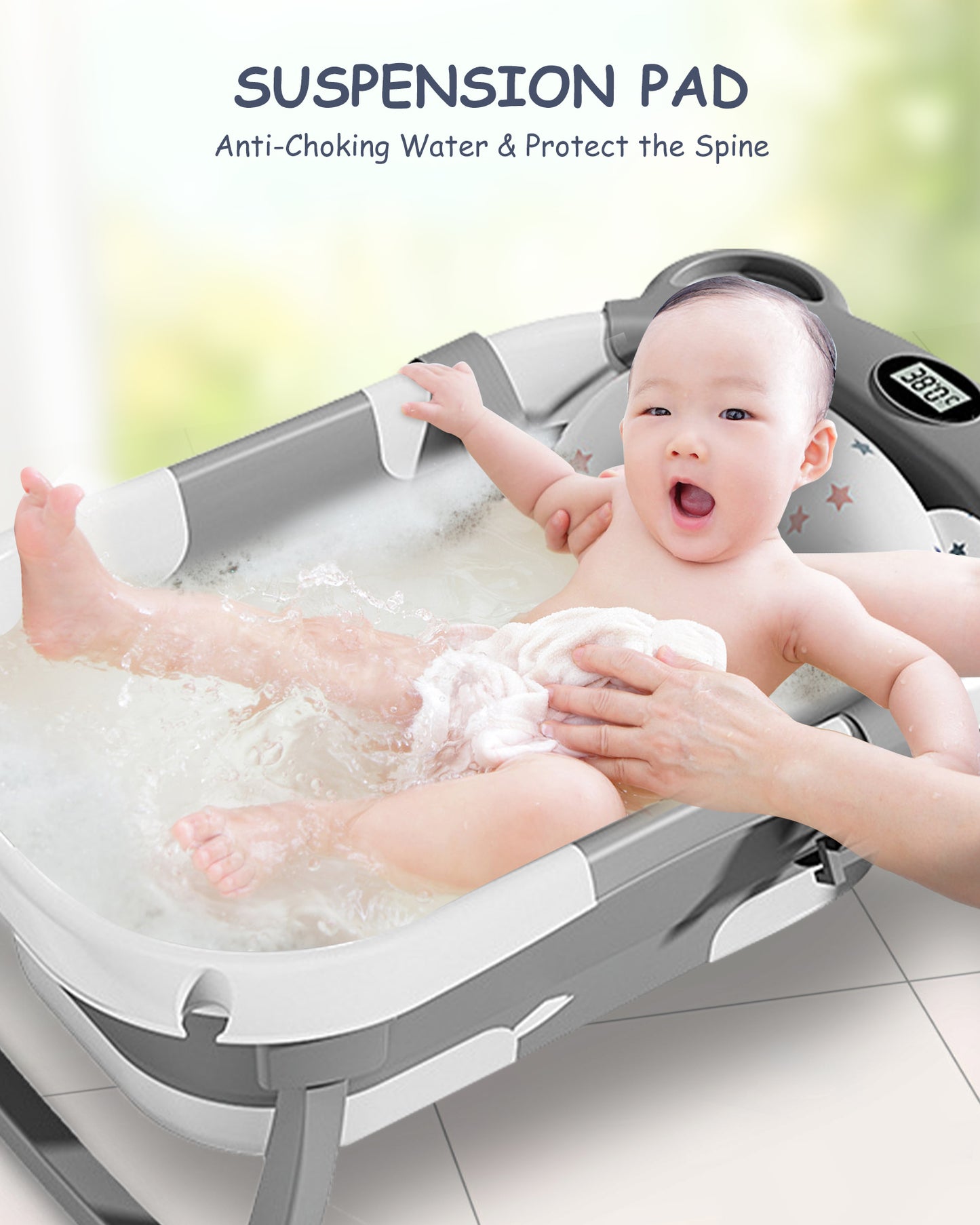 Collapsible Baby Bathtub for Infants to Toddler with Real-time Temp Monitor+Floating Cushion,Foldable Baby Bath Tub Set Applicable 0-36 Month,Perfect Portable Travel Baby Tub for Newborns Boy