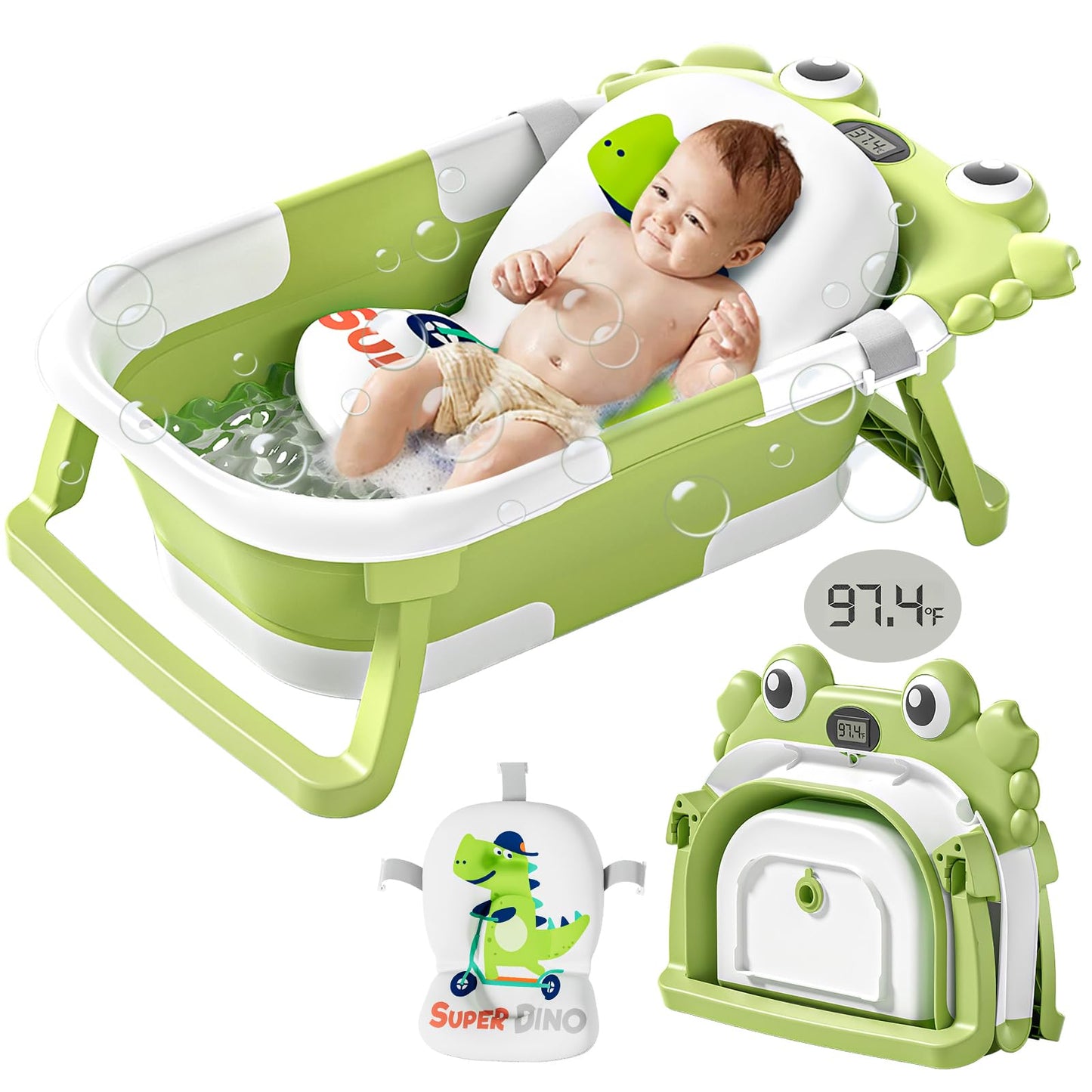 AGOGOLIFE Baby Bathtub with Thermometer for Newborns to Toddlers, Collapsible Travel Baby Bath Tub with Soft Cushion, Foldable Baby Bath Tub for Infants 0–24 Months, Frog