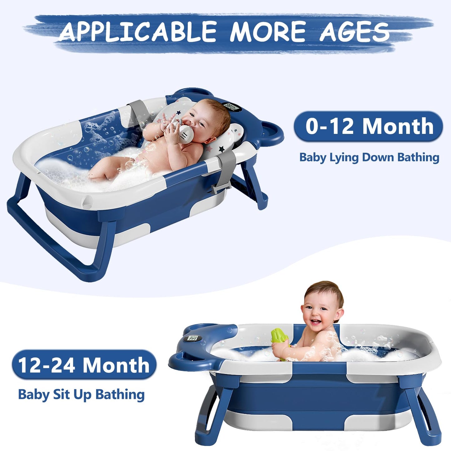 Collapsible Baby Bathtub for Infants to Toddler with Real-time Temp Monitor+Floating Cushion,Foldable Baby Bath Tub Set Applicable 0-36 Month,Perfect Portable Travel Baby Tub for Newborns Boy