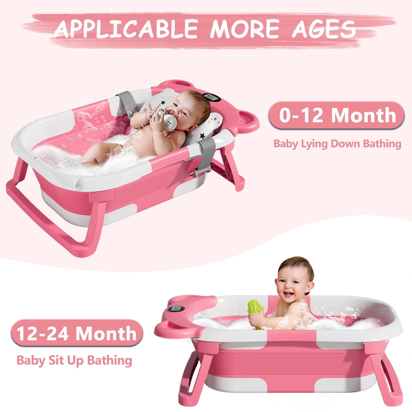 Collapsible Baby Bathtub for Infants to Toddler with Real-time Temp Monitor+Floating Cushion,Foldable Baby Bath Tub Set Applicable 0-36 Month,Perfect Portable Travel Baby Tub for Newborns Girl