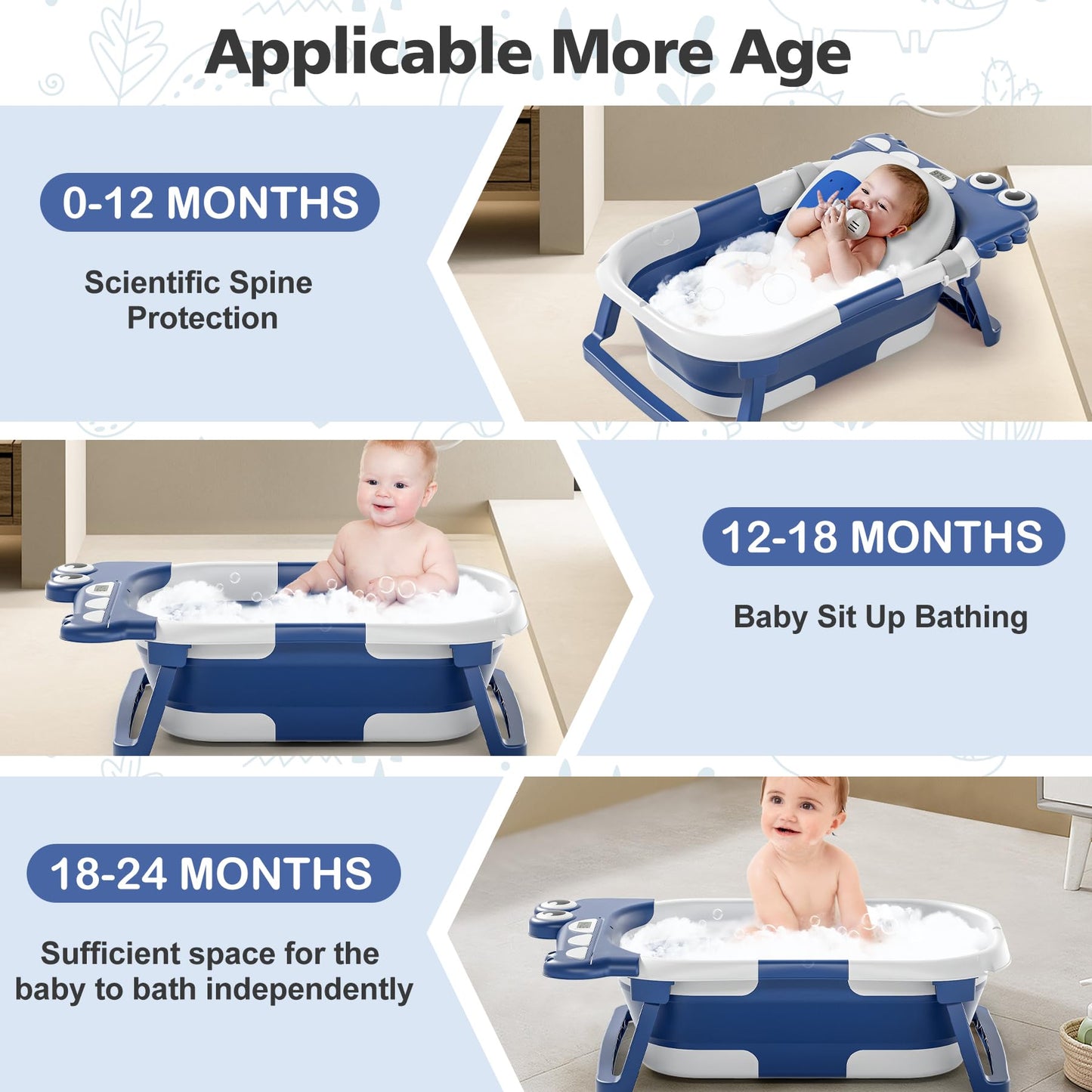 AGOGOLIFE Collapsible Baby Bathtub with Thermometer, Soft Floating Cushion, and Drain Hole, Foldable & Portable Baby Bath Tub for Newborns to Toddlers 0–36 Months Blue