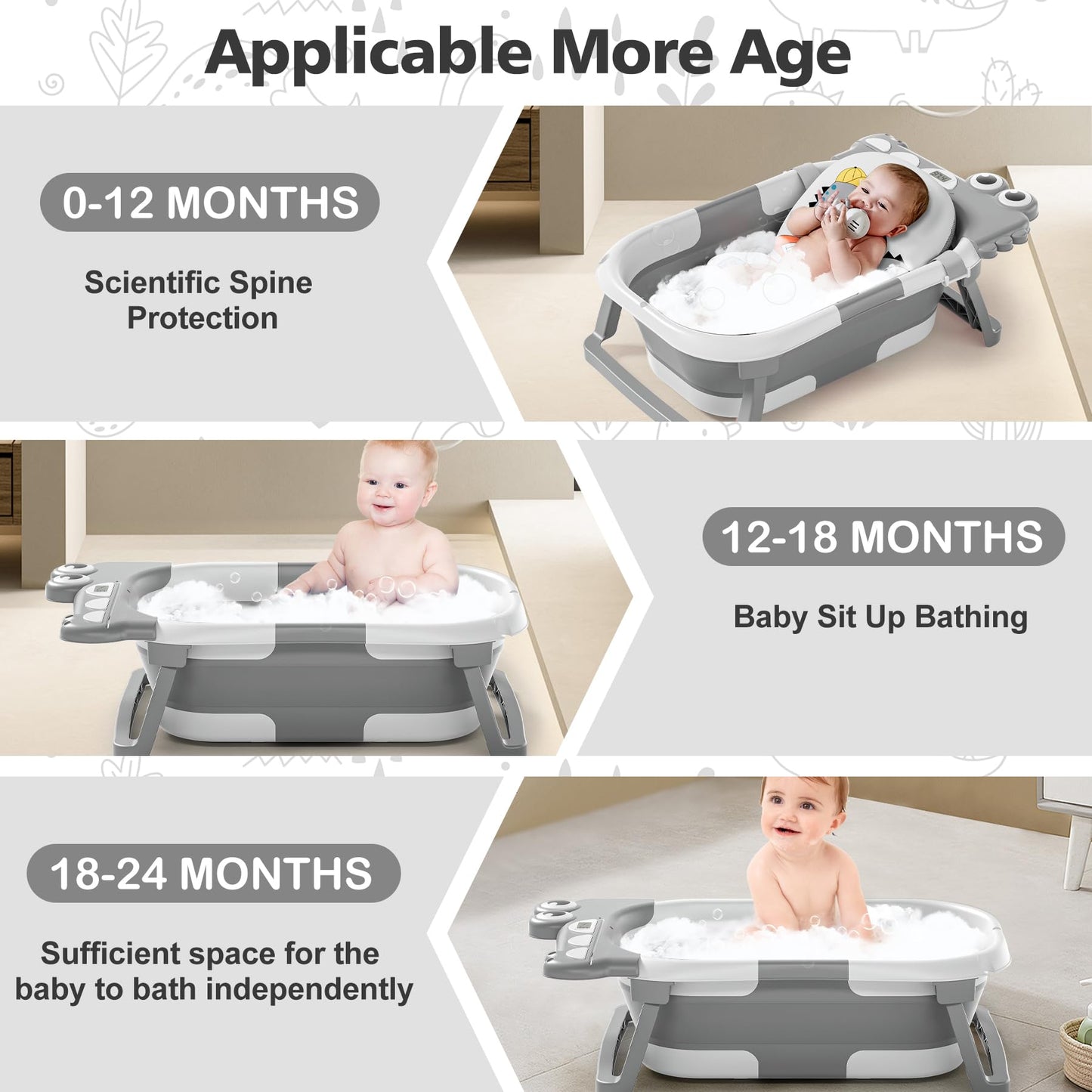 AGOGOLIFE Collapsible Baby Bathtub with Thermometer, Soft Floating Cushion, and Drain Hole, Foldable & Portable Baby Bath Tub for Newborns to Toddlers 0–36 Months Grey