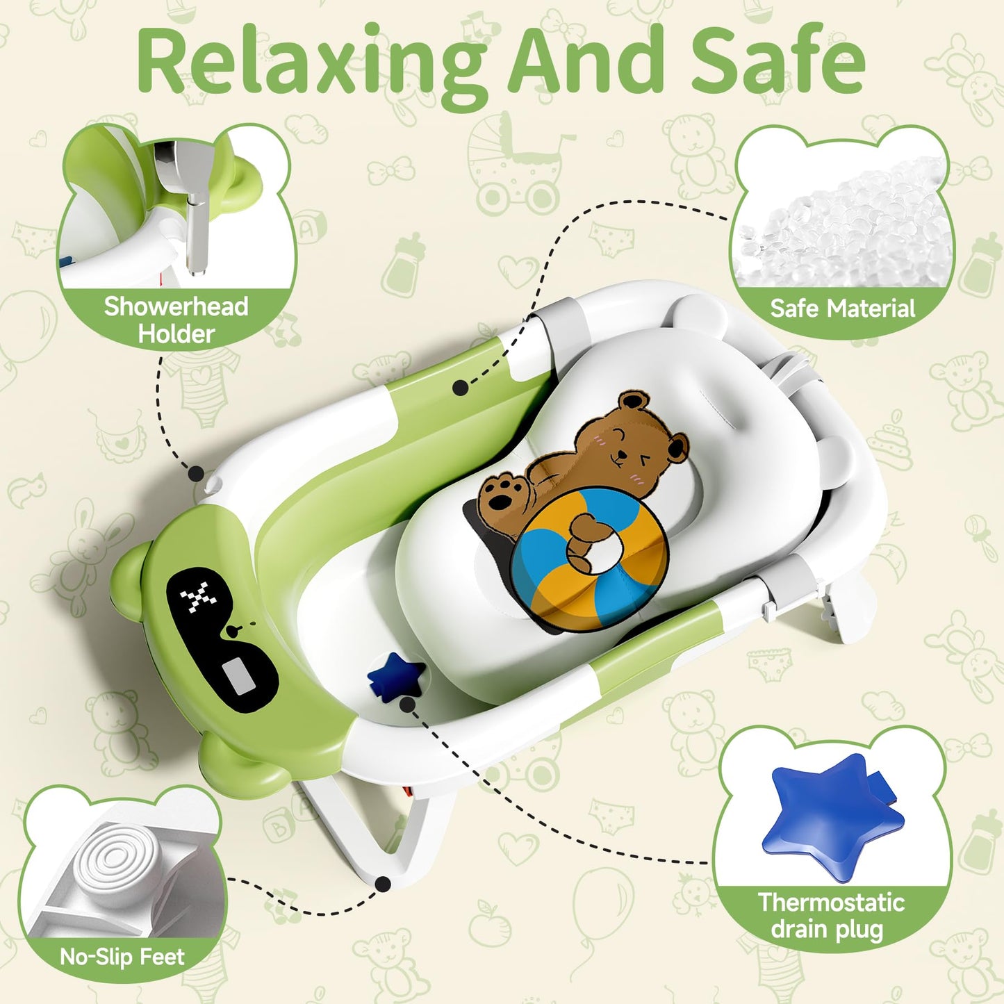 AGOGOLIFE Baby Bathtub with Thermometer for Newborns to Toddlers, Collapsible Travel Baby Bath Tub with Soft Cushion, Foldable Baby Bath Tub for Infants 0–24 Months, Green