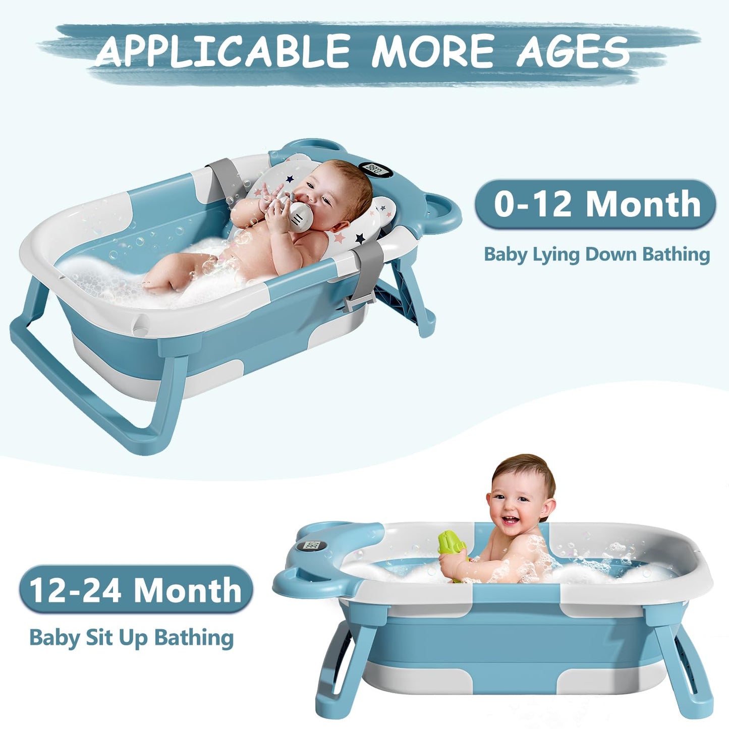 Collapsible Baby Bathtub for Infants to Toddler with Real-time Temp Monitor+Floating Cushion,Foldable Baby Bath Tub Set Applicable 0-36 Month,Perfect Portable Travel Baby Tub for Newborns GREEN