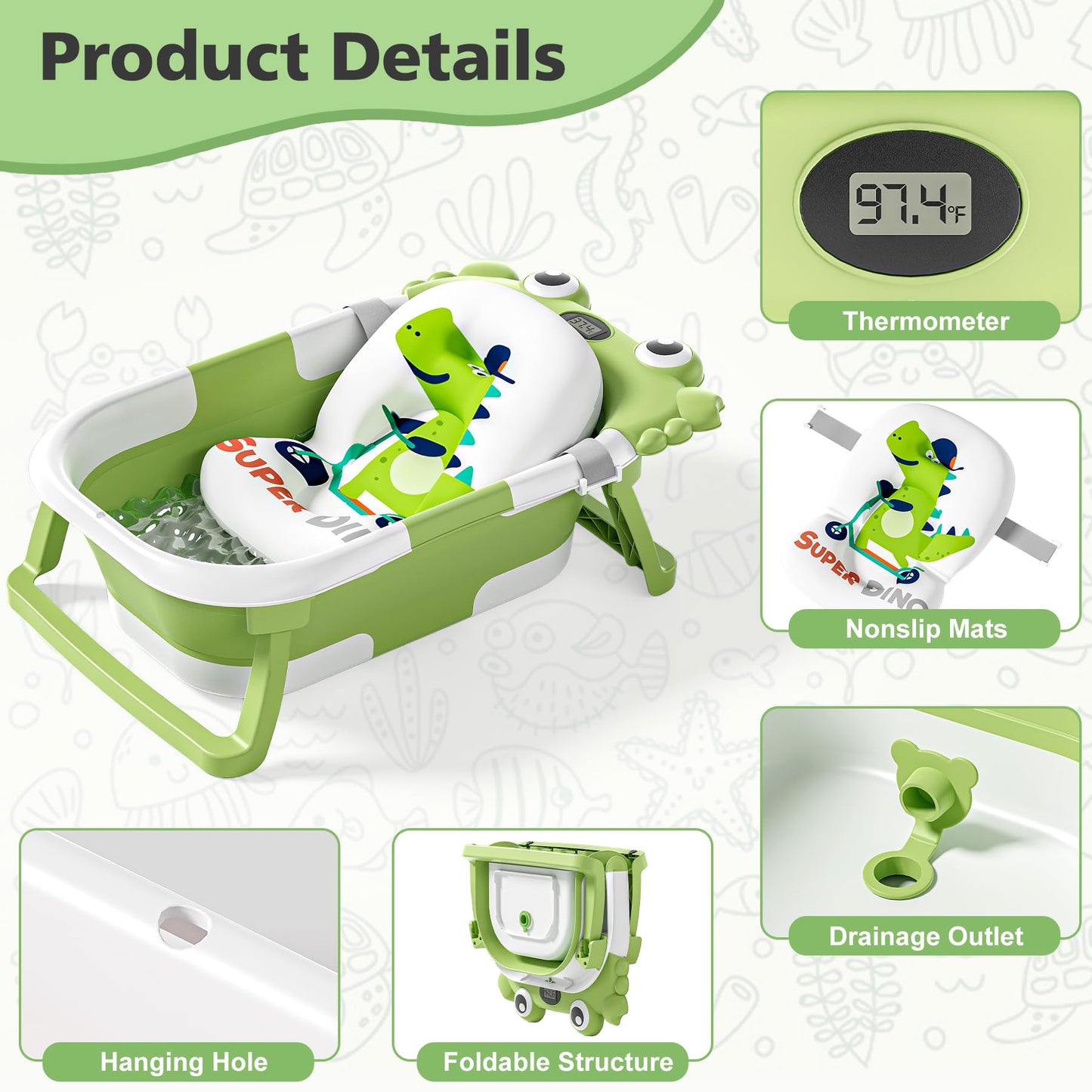 AGOGOLIFE Baby Bathtub with Thermometer for Newborns to Toddlers, Collapsible Travel Baby Bath Tub with Soft Cushion, Foldable Baby Bath Tub for Infants 0–24 Months, Frog