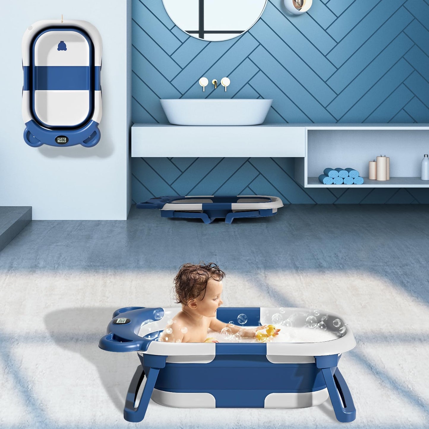 Collapsible Baby Bathtub for Infants to Toddler with Real-time Temp Monitor+Floating Cushion,Foldable Baby Bath Tub Set Applicable 0-36 Month,Perfect Portable Travel Baby Tub for Newborns Boy