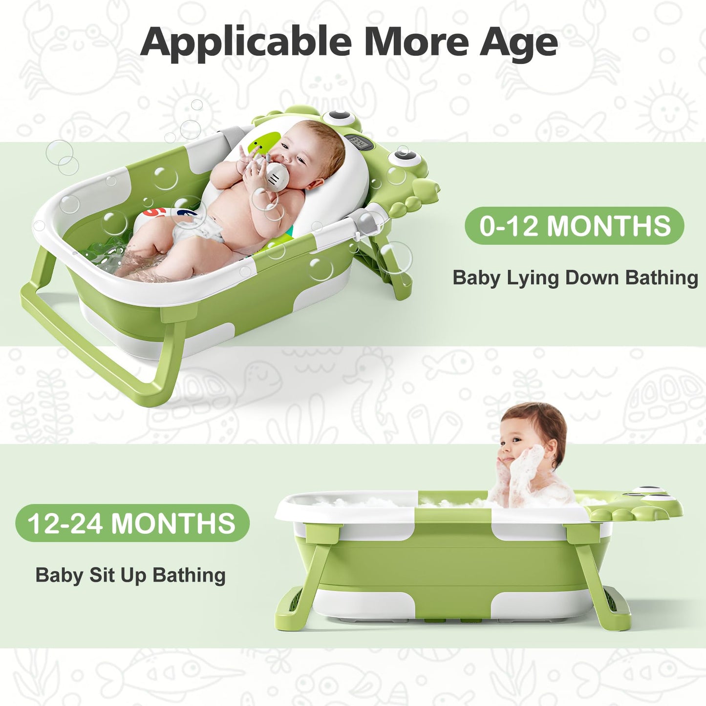 AGOGOLIFE Baby Bathtub with Thermometer for Newborns to Toddlers, Collapsible Travel Baby Bath Tub with Soft Cushion, Foldable Baby Bath Tub for Infants 0–24 Months, Frog