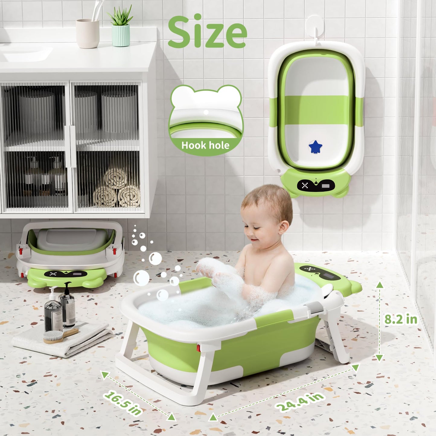 AGOGOLIFE Baby Bathtub with Thermometer for Newborns to Toddlers, Collapsible Travel Baby Bath Tub with Soft Cushion, Foldable Baby Bath Tub for Infants 0–24 Months, Green